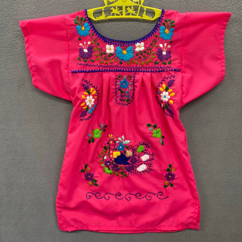 Floral Embroidered Mexican Dress Toddler 12-24mos? Hot Pink Folk‎ Art Bird
